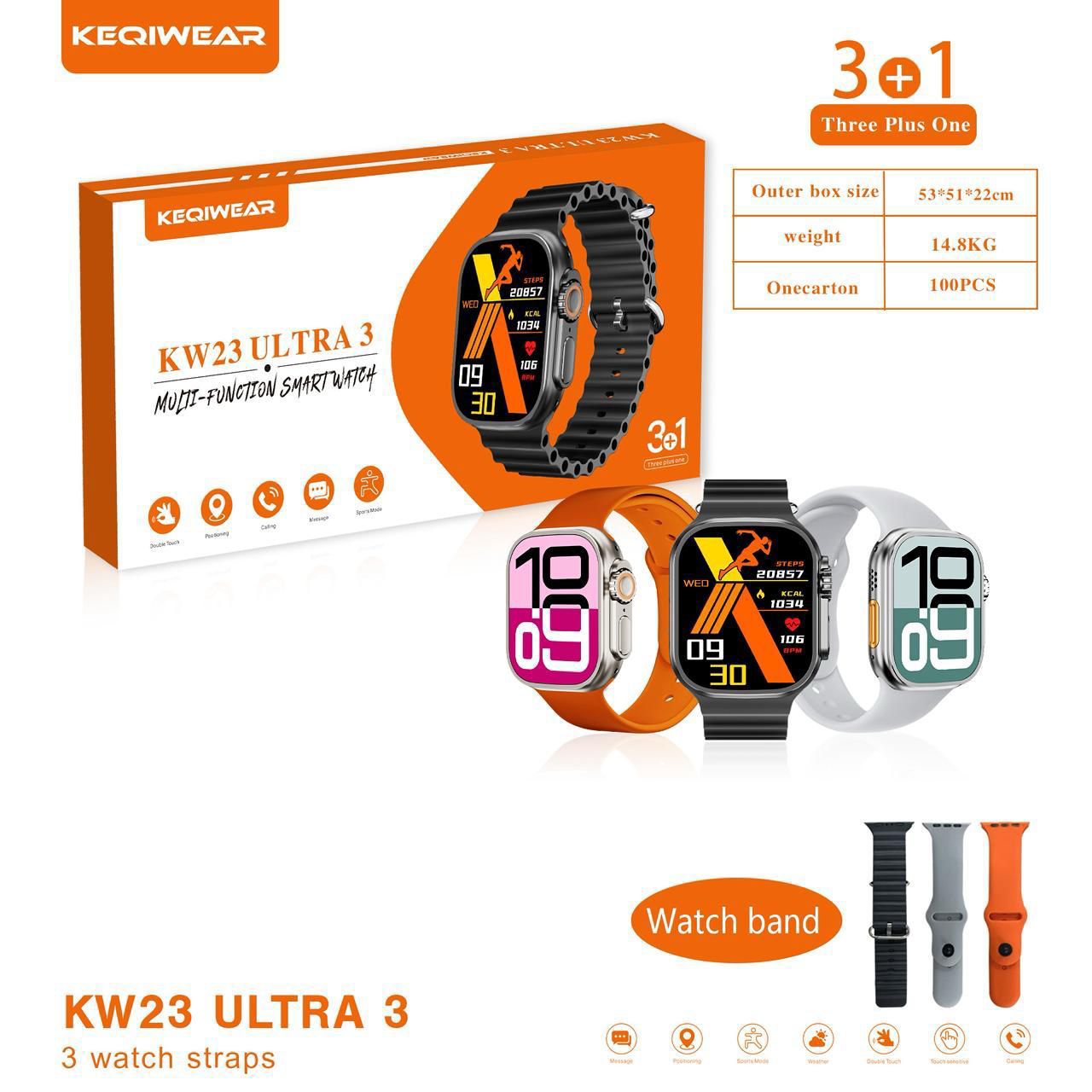 ساعت هوشمند طرح اپل مدل KW23 Ultra3 دارای سه بند